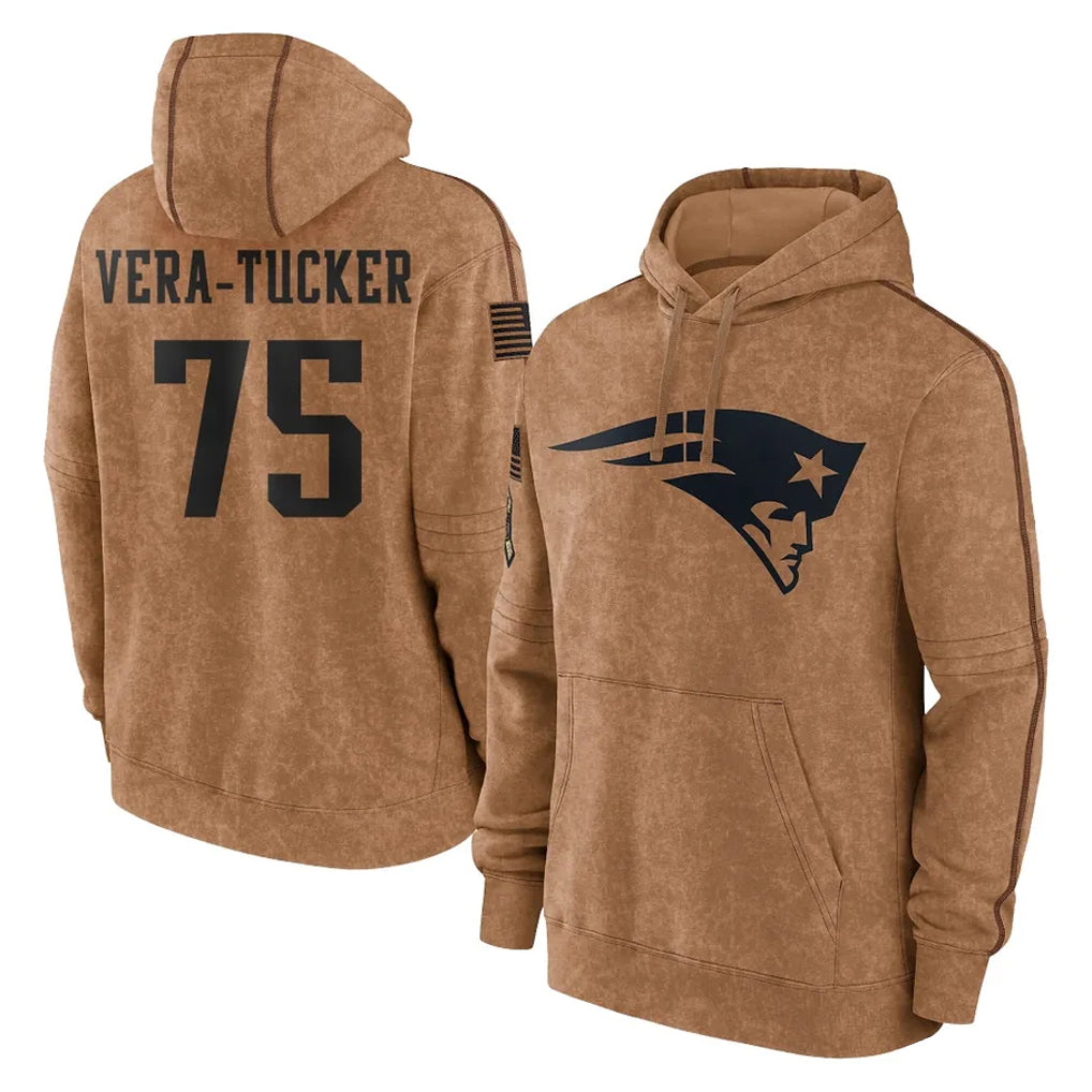 Tlead NE.Patriots #75 Alijah Vera-Tucker Player Brown Salute to Service Pullover Hoodies Limited Game Stitched Jerseys