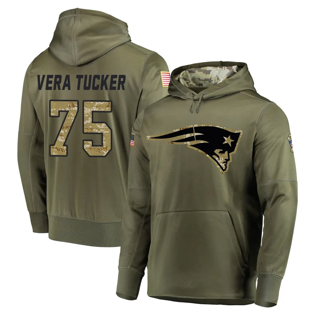 Tlead NE.Patriots #75 Alijah Vera-Tucker Player Olive Salute to Service Pullover Hoodies Home Game Stitched Jerseys