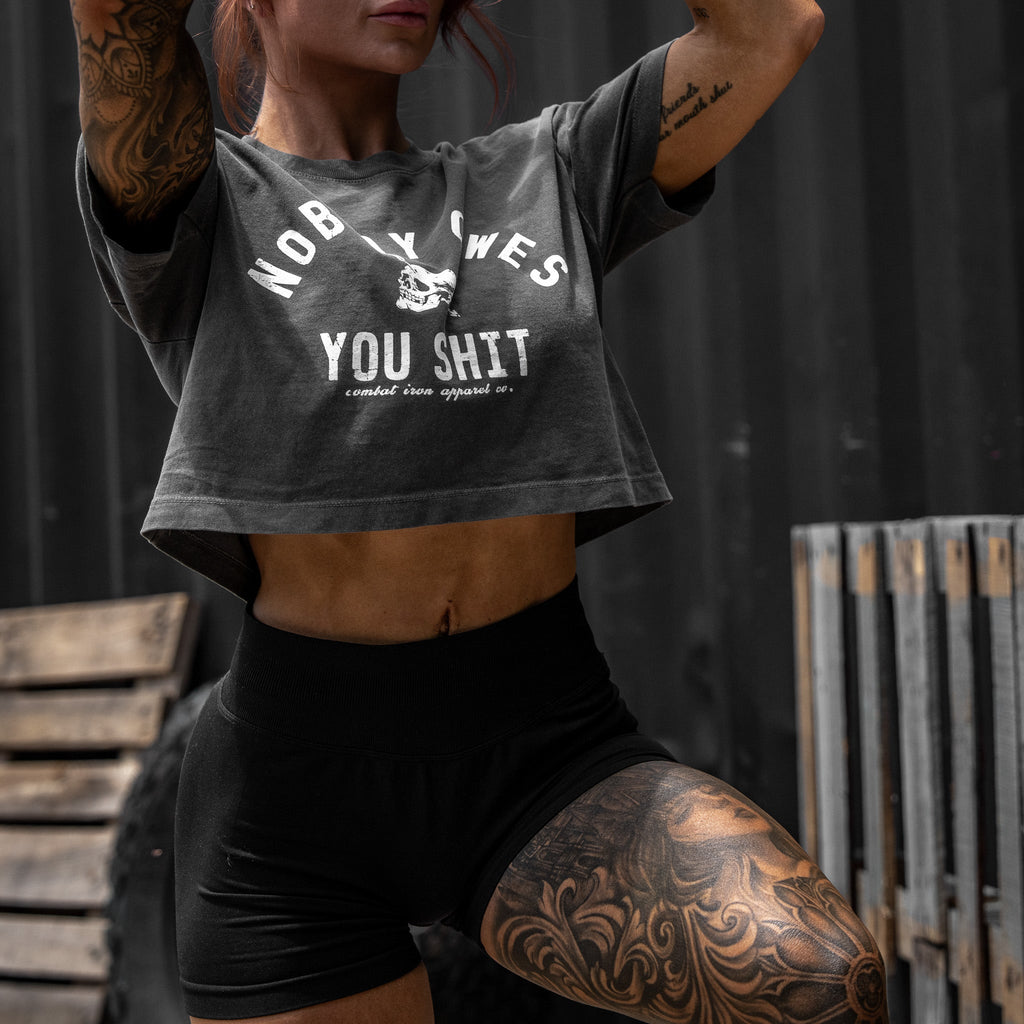 CustomNameinc cheap jerseys Ordering Nobody Owes You Shit Skull Women's Crop Heavyweight Tee
