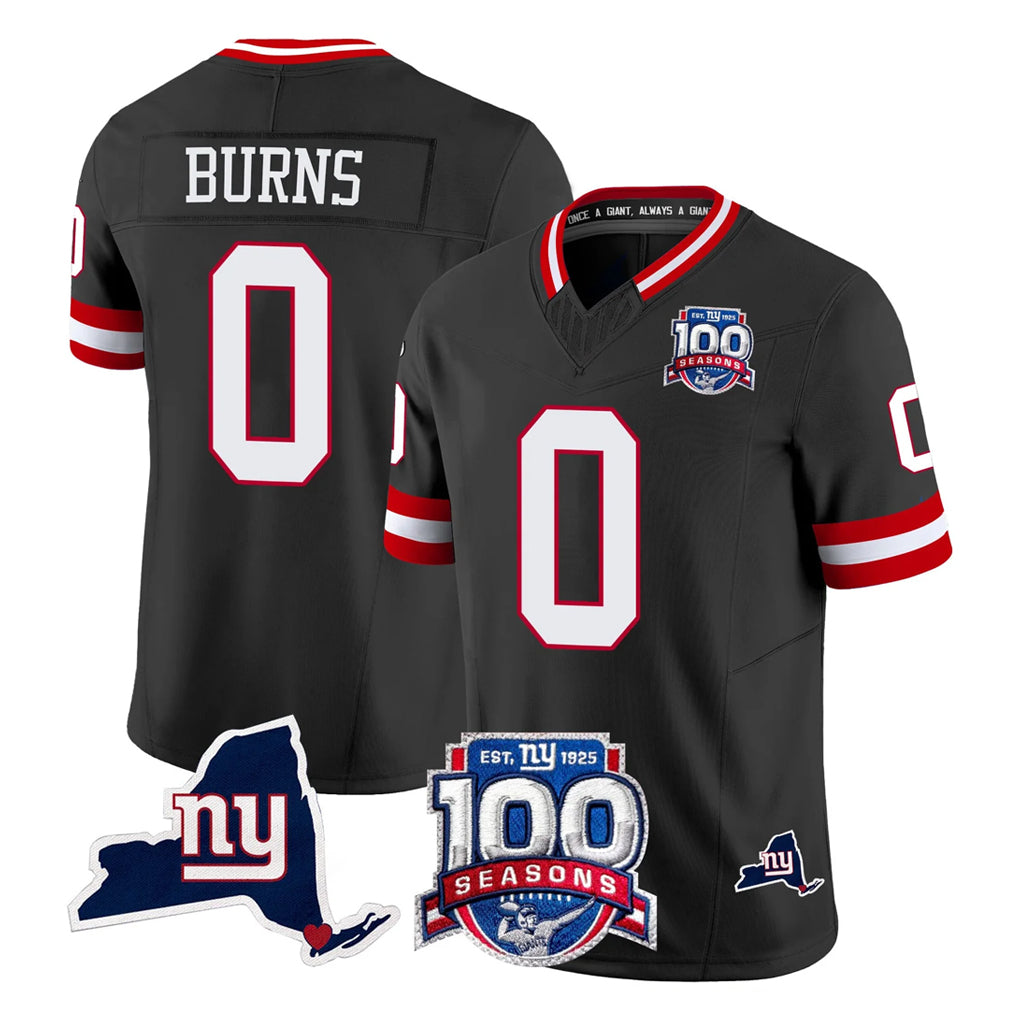 Tlead NY.Giants #0 Brian Burns Player Black 100th Season & State Patch Vapor Limited Home Game Stitched Jerseys