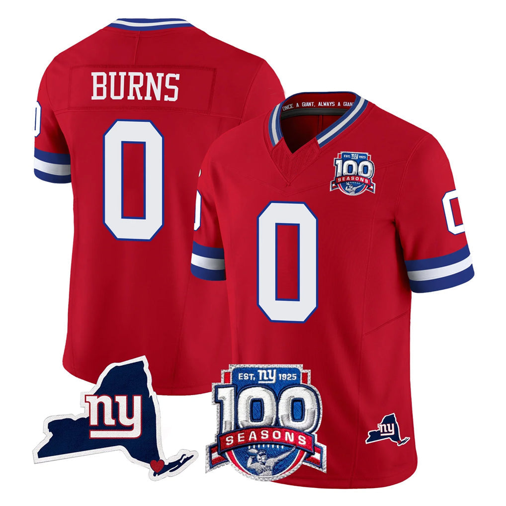 Tlead NY.Giants #0 Brian Burns Player Red 100th Season & State Patch Vapor Limited Home Game Stitched Jerseys