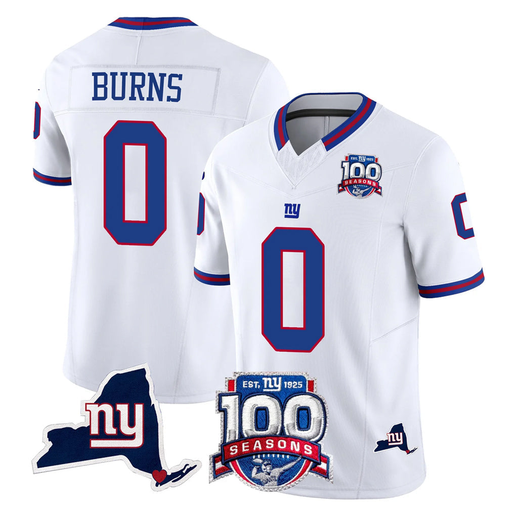 Tlead NY.Giants #0 Brian Burns Player White 100th Season & State Patch Vapor Limited Home Game Stitched Jerseys