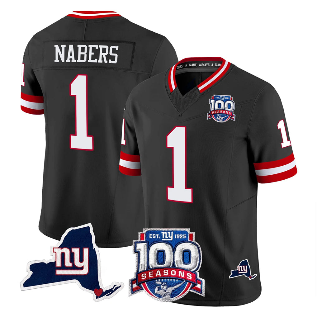 Tlead NY.Giants #1 Malik Nabers Player Black 100th Season & State Patch Vapor Limited Home Game Stitched Jerseys