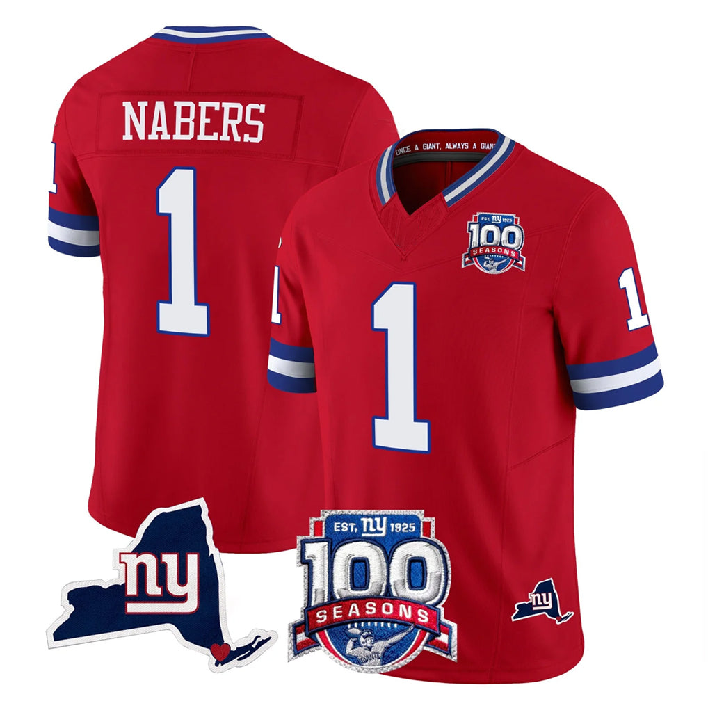 Tlead NY.Giants #1 Malik Nabers Player Red 100th Season & State Patch Vapor Limited Home Game Stitched Jerseys