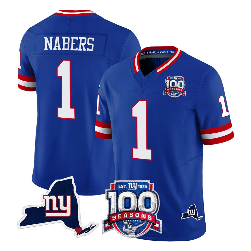Tlead NY.Giants #1 Malik Nabers Player Royal 100th Season & State Patch Vapor Limited Home Game Stitched Jerseys
