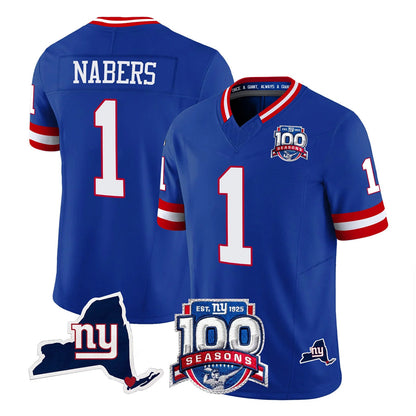Tlead NY.Giants #1 Malik Nabers Player Royal 100th Season & State Patch Vapor Limited Home Game Stitched Jerseys