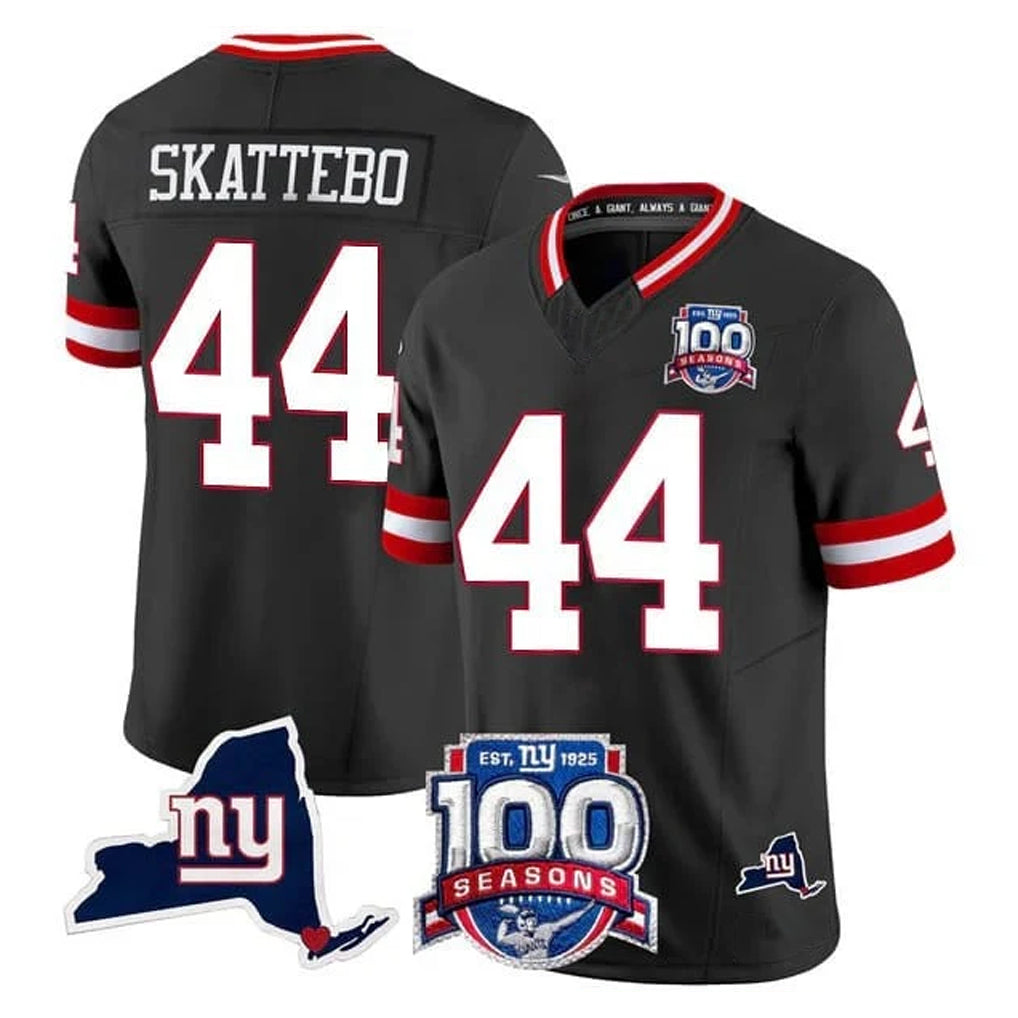 Tlead NY.Giants #44 Cam Skattebo Player Black 100th Season & State Patch Vapor Limited Home Game Stitched Jerseys