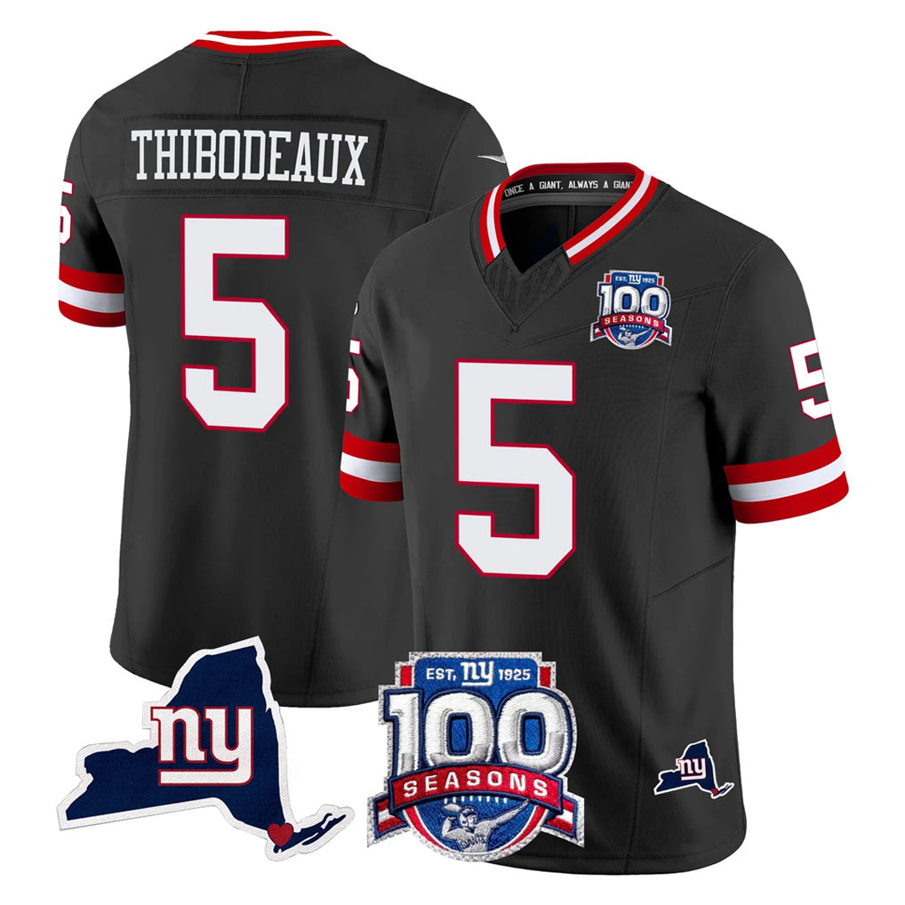 Tlead NY.Giants #5 Kayvon Thibodeaux Player Black 100th Season & State Patch Vapor Limited Home Game Stitched Jerseys