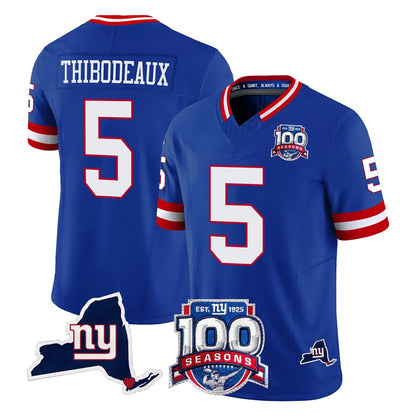 Tlead NY.Giants #5 Kayvon Thibodeaux Player Royal 100th Season & State Patch Vapor Limited Home Game Stitched Jerseys