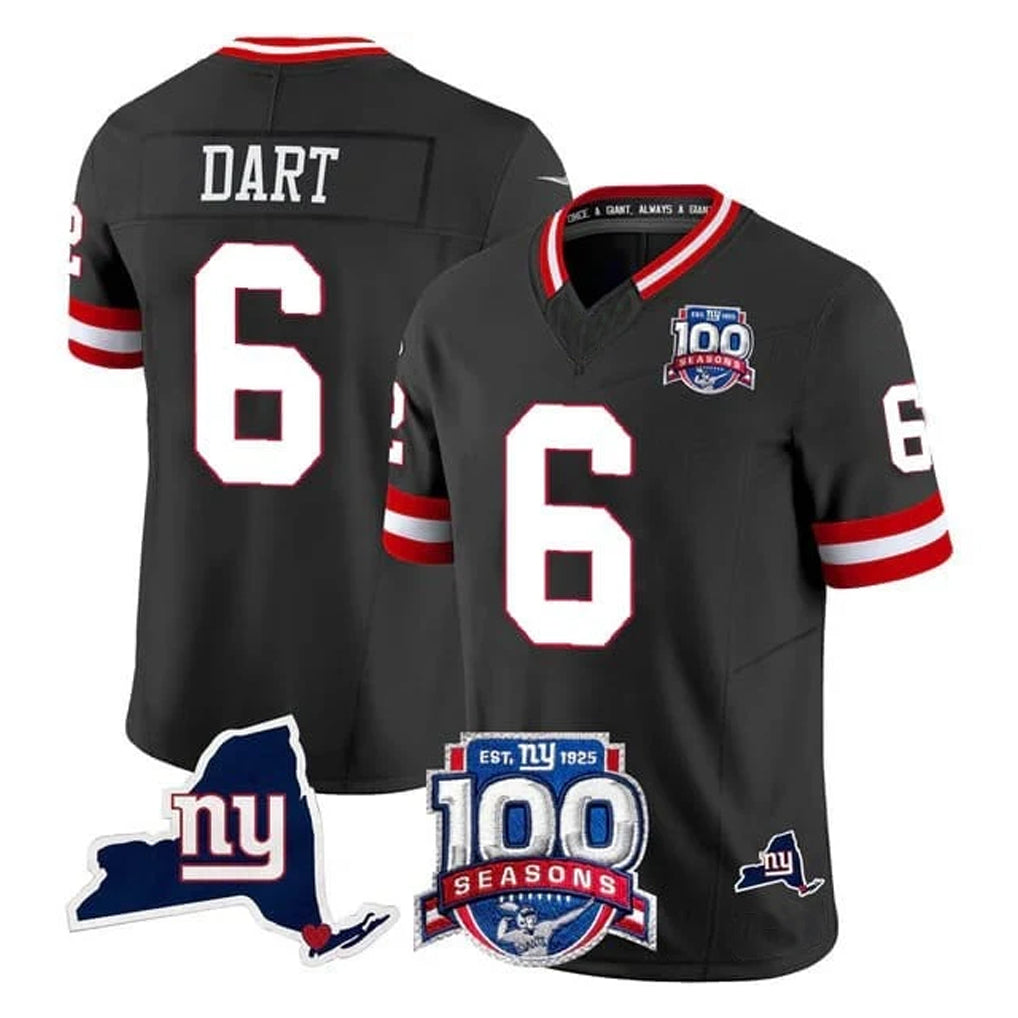 Tlead NY.Giants #6 Jaxson Dart Player Black 100th Season & State Patch Vapor Limited Home Game Stitched Jerseys
