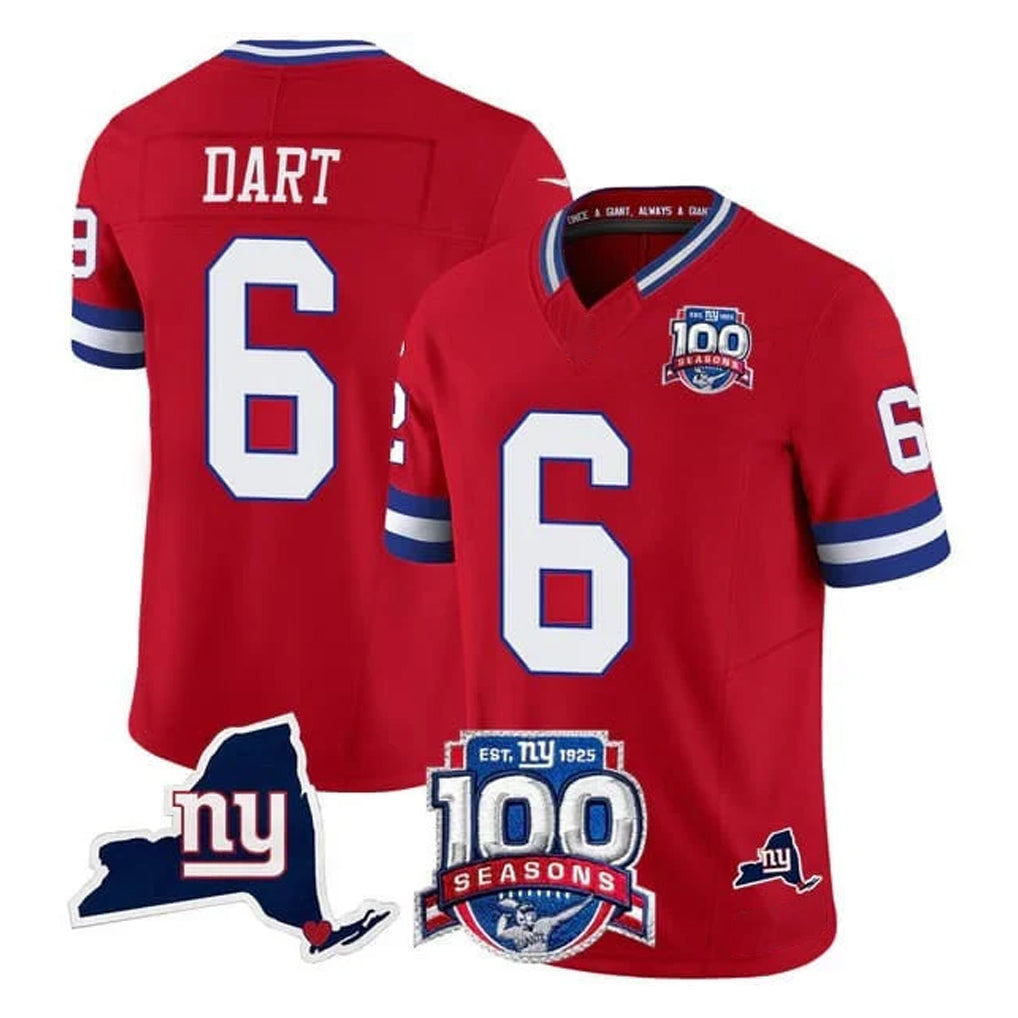 Tlead NY.Giants #6 Jaxson Dart Player Red 100th Season & State Patch Vapor Limited Home Game Stitched Jerseys