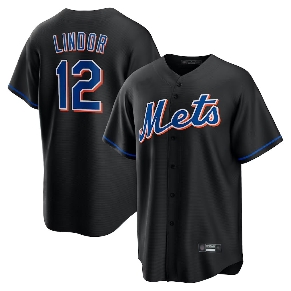Tlead NY.Mets #12 Francisco Lindor Player Black Replica Home Game Stitched Jerseys