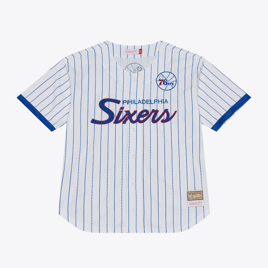 Tlead P.76ers Mitchell & Ness White Head Coach Pinstripe Mesh Full-Button Baseball Jerseys