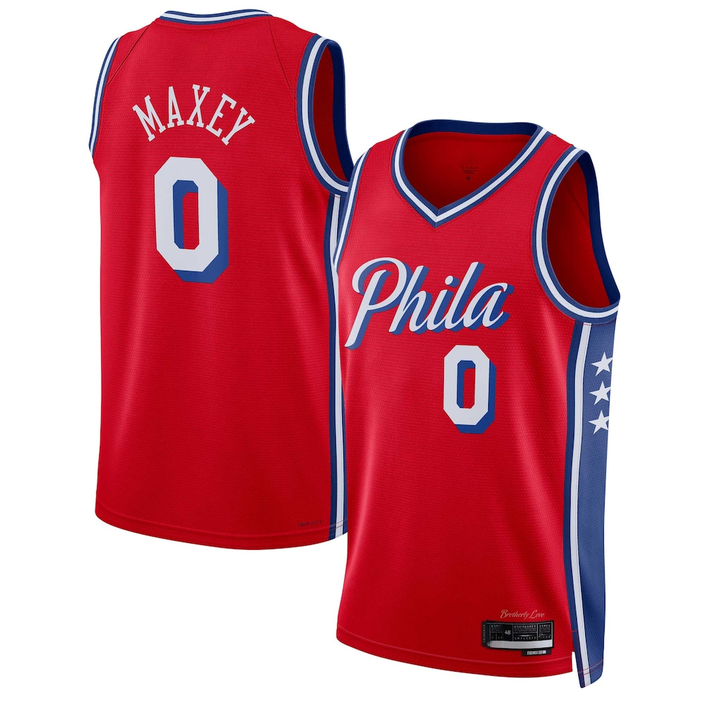 Tlead P.76ers #0 Tyrese Maxey  Red Swingman Jerseys - Statement Edition