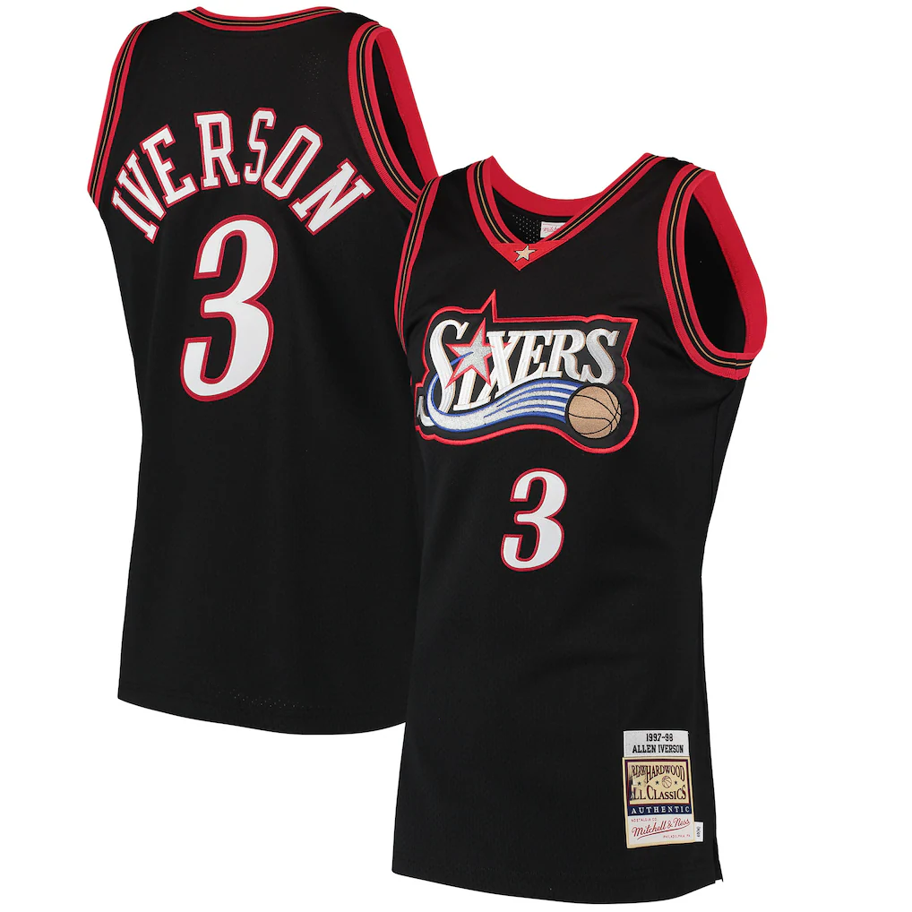 Tlead P.76ers #3 Allen Iverson Mitchell & Ness Black 1997-98 Hardwood Classics Authentic Jerseys