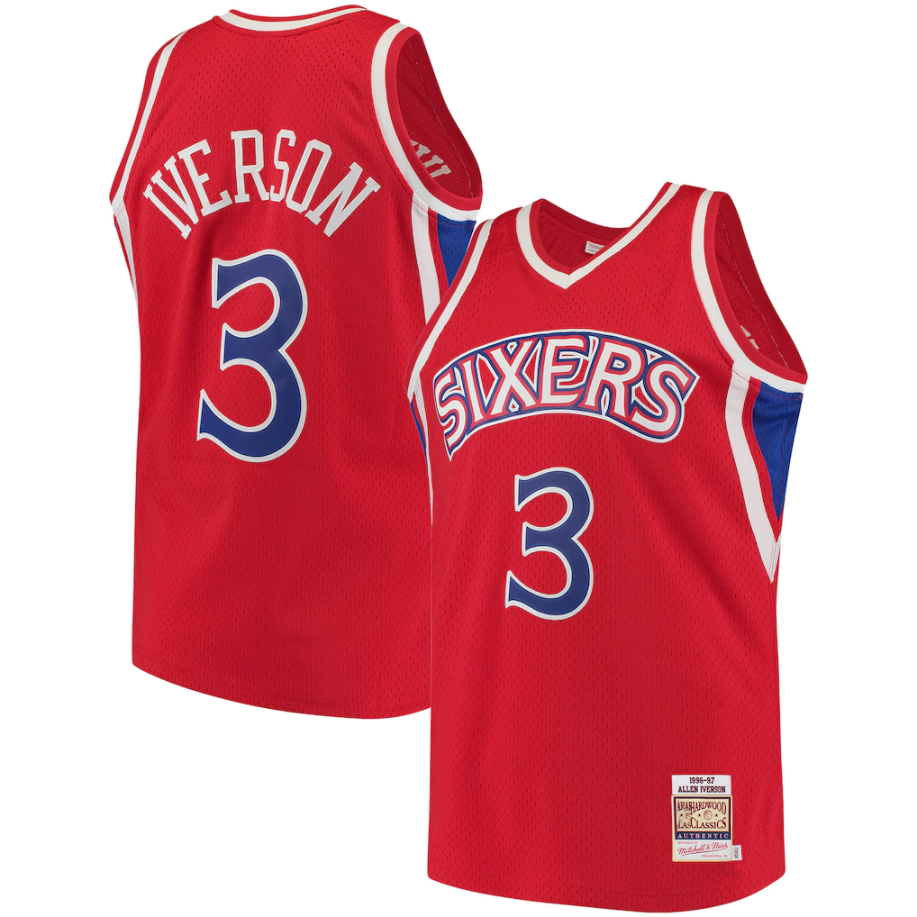 Tlead P.76ers #3 Allen Iverson Mitchell & Ness Red 199697 Hardwood Classics Authentic Jerseys