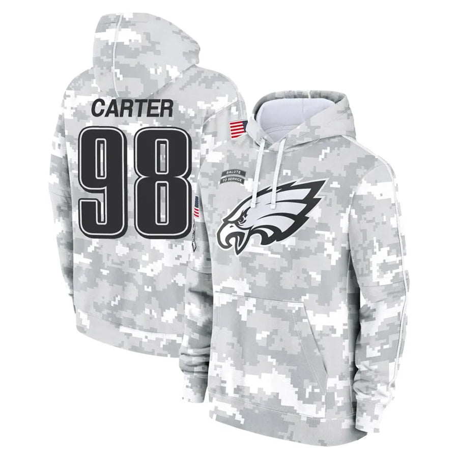 Tlead P.Eagles #98 Jalen Carter Player Military Hoodie Arctic Camo Salute To Service Stitched Jerseys