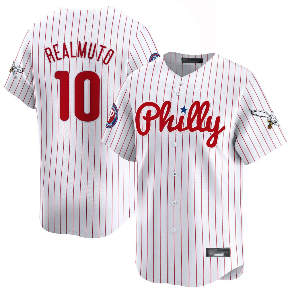 Tlead P.Phillies #10 J.T. Realmuto Player White Pinstripe Phillies & Eagles Vapor Premier Limited Stitched Jerseys