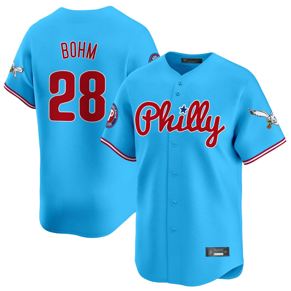 Tlead P.Phillies #28 Alec Bohm Player Light Blue Phillies & Eagles Vapor Premier Limited Home Stitched Jerseys