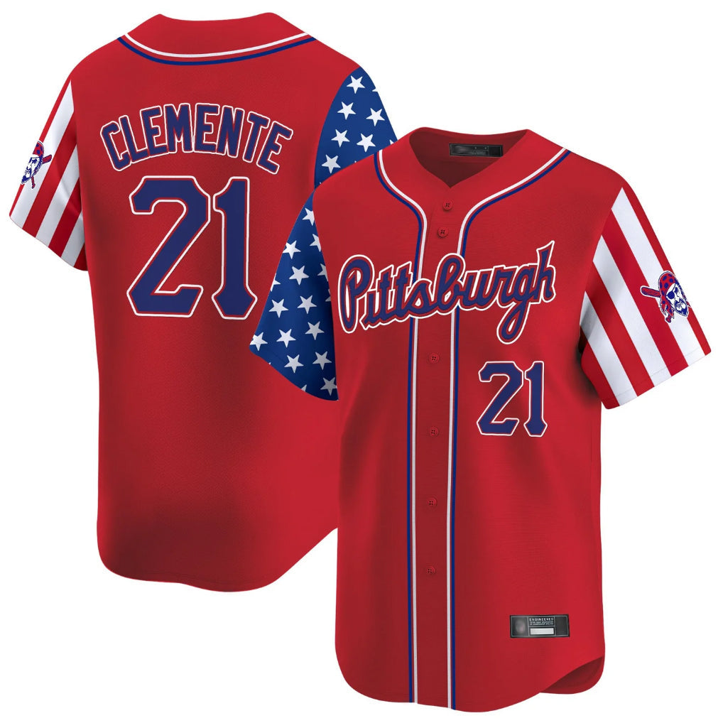 Tlead P.Pirates #21 Roberto Clemente Player Red 2025 Independence Day Vapor Premier Limited Stitched Jerseys