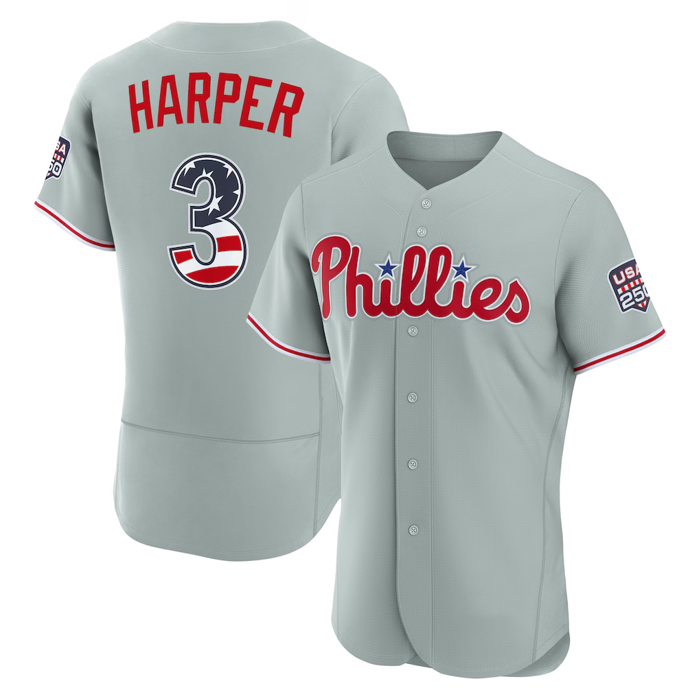 Tlead PH.Phillies #3 Bryce Harper Gray USA 250 Fourth of July Road Authentic Jersey