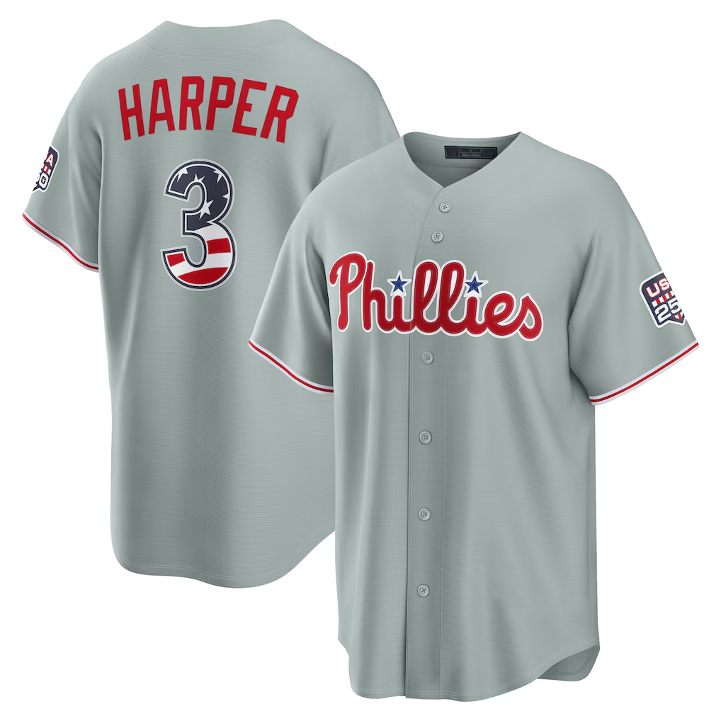 Tlead PH.Phillies #3 Bryce Harper Gray USA 250 Fourth of July Road Stadium Jersey