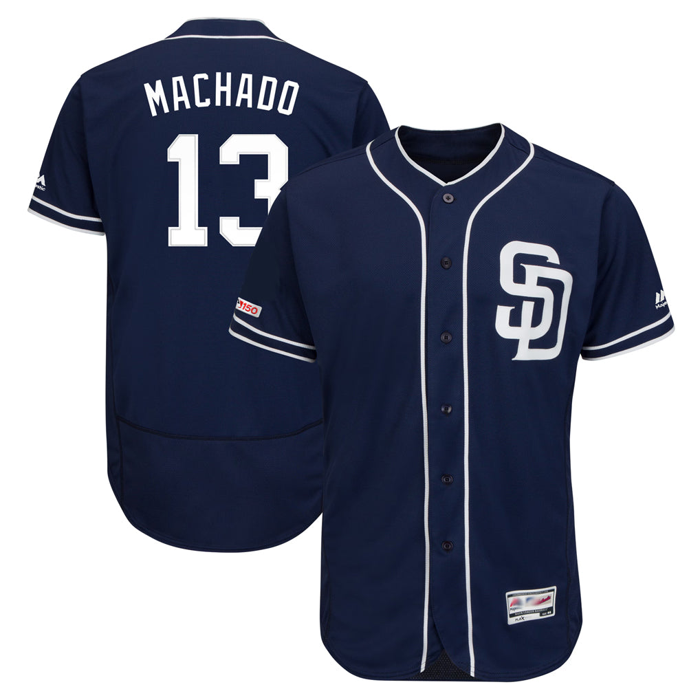 Tlead S.Diego Padres #13 Manny Machado Player Navy Majestic Patch Flex Base Game Stitched Jerseys