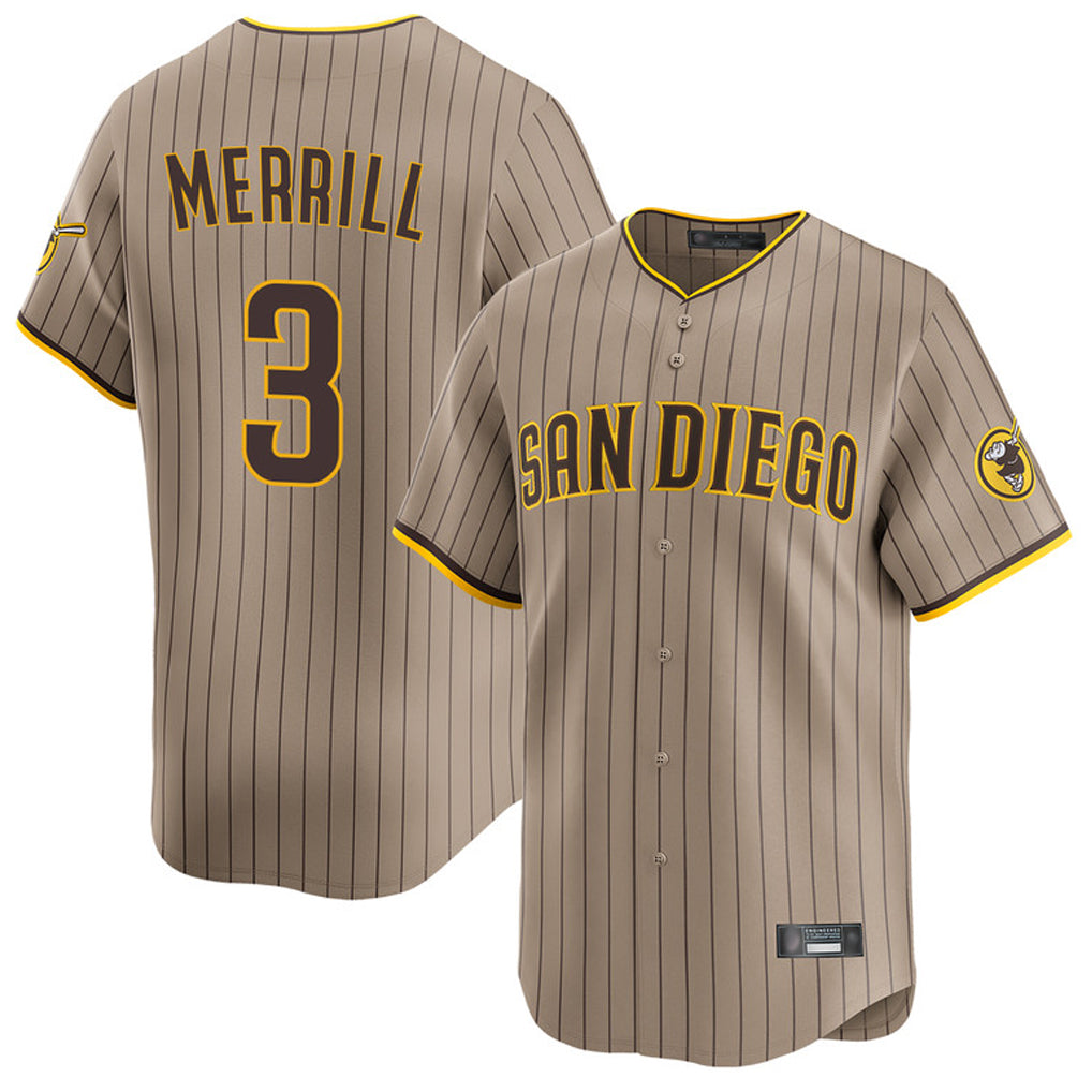 Tlead S.Diego Padres #3 Jackson Merrill Player Khaki Home Limited Stitched Jerseys