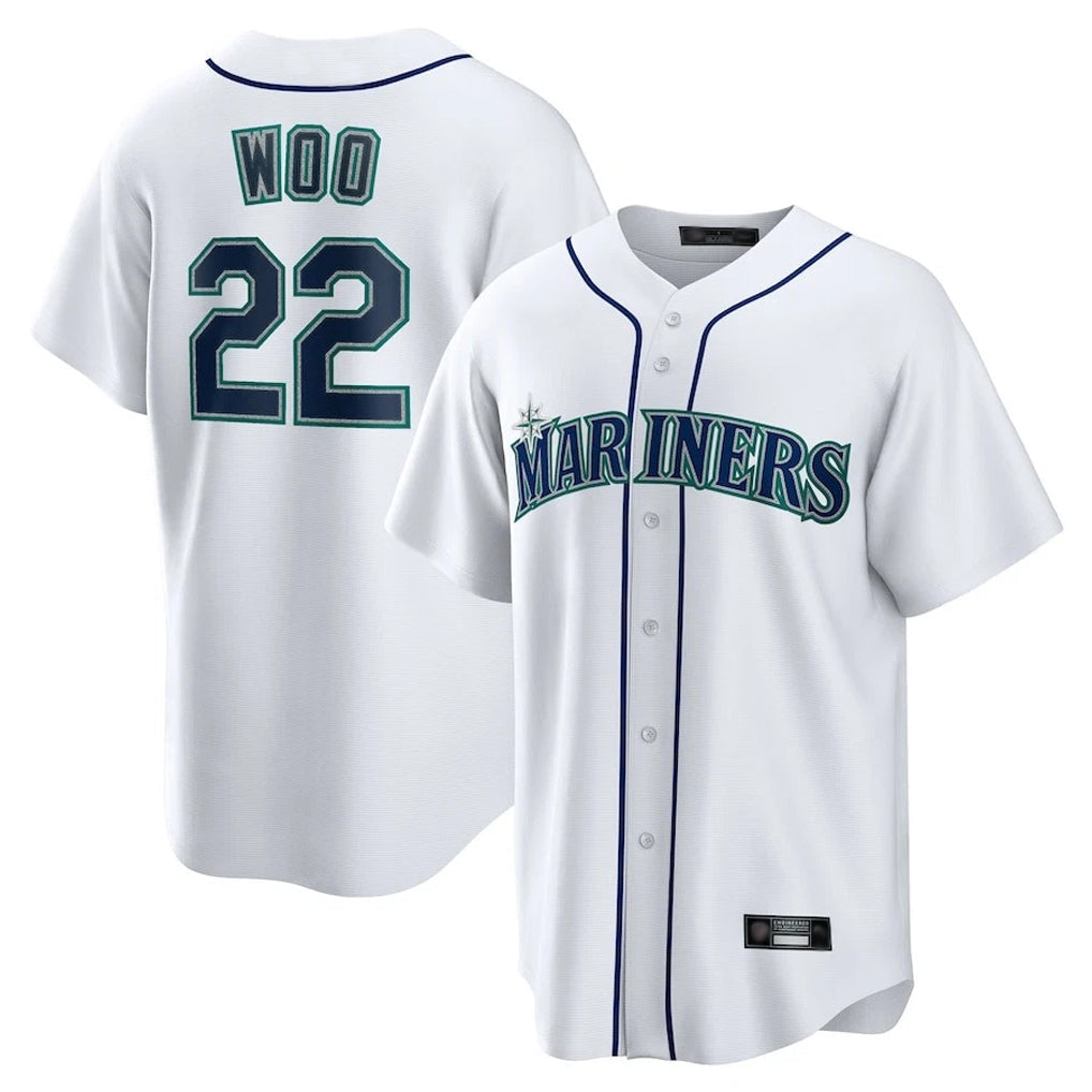 Tlead S.Mariners #22 Bryan Woo Player White Home Game Stitched Jerseys