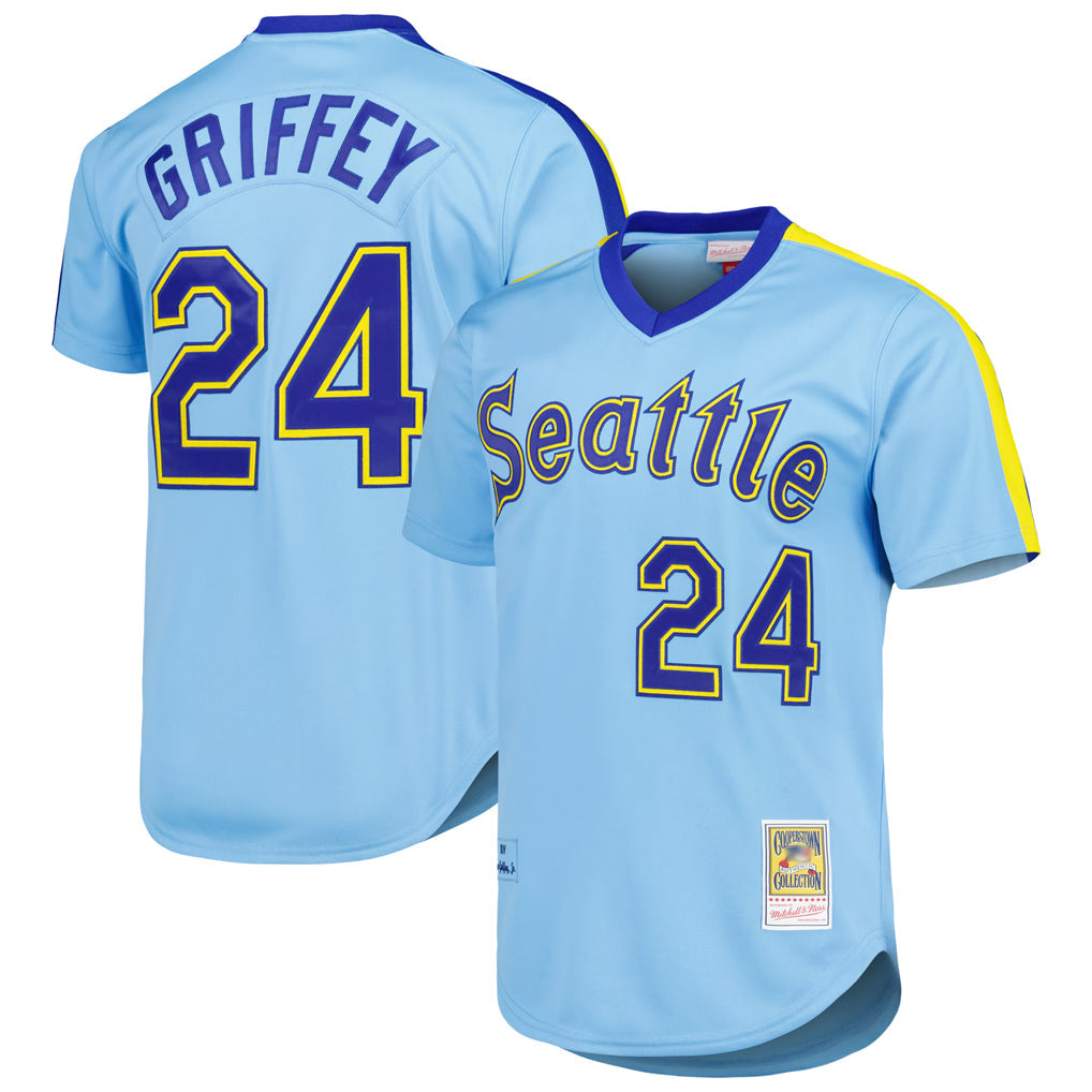 Tlead S.Mariners #24 Ken Griffey Jr Player Light Blue Mitchell & Ness Cooperstown Collection Game Stitched Jerseys