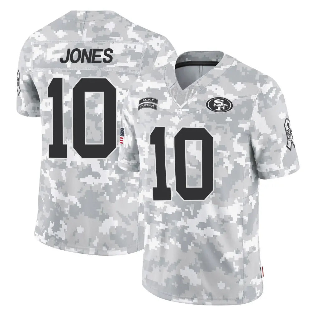 Tlead SF.49ers #10 Mac Jones Player Arctic Camo Limited Salute To Service Home Game Stitched Jerseys