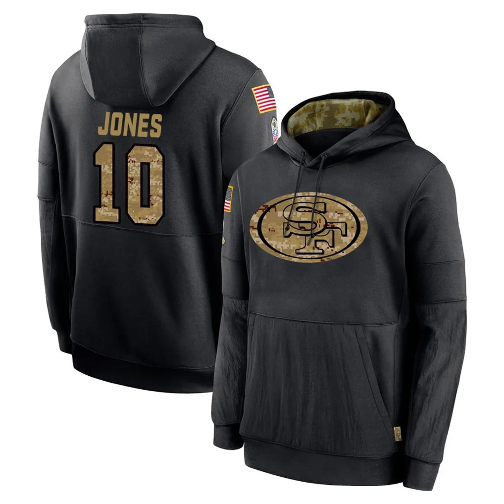 Tlead SF.49ers #10 Mac Jones Player Black Salute to Service Sideline Performance Pullover Hoodies Home Game Stitched Jerseys