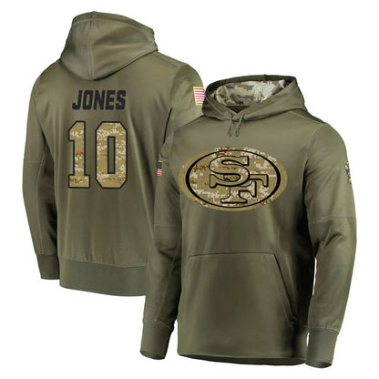 Tlead SF.49ers #10 Mac Jones Player Olive Salute to Service Pullover Hoodie Home Game Stitched Jerseys