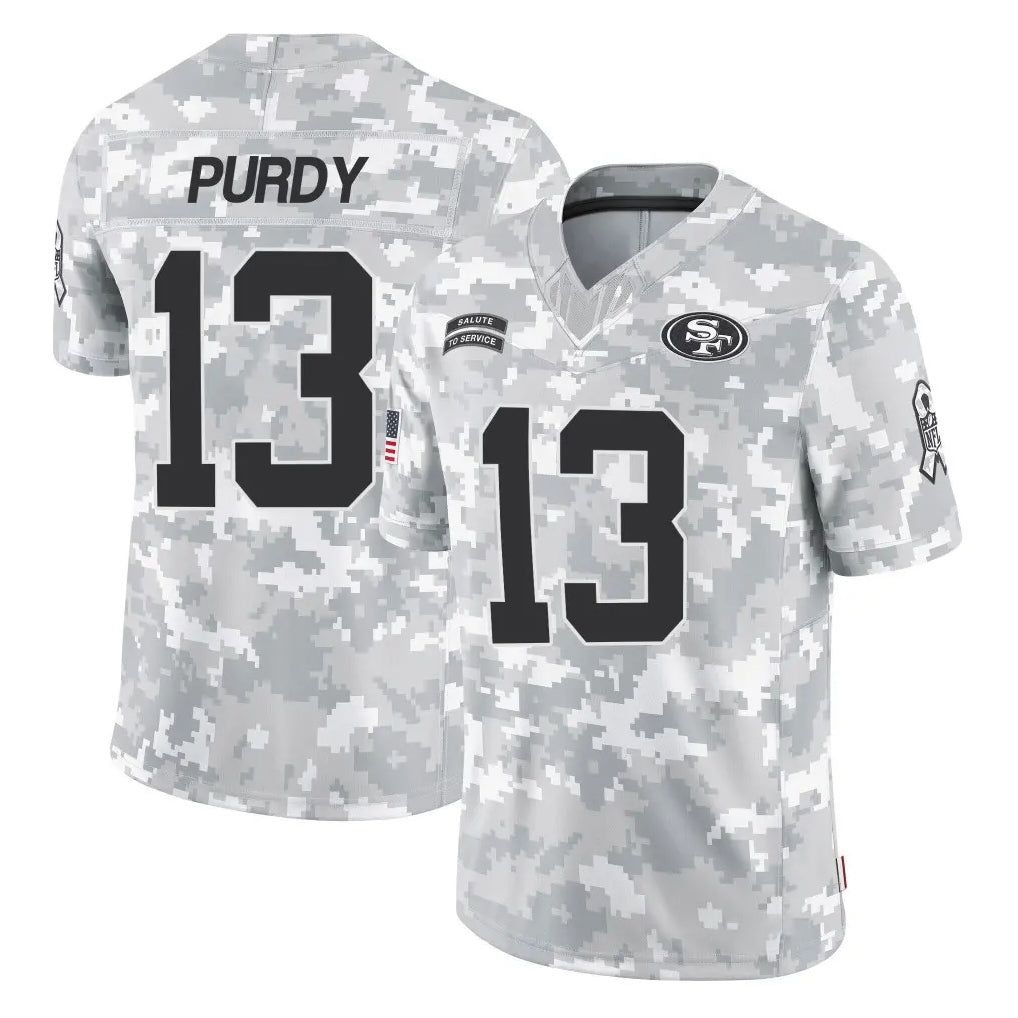 Tlead SF.49ers #13 Brock Purdy Player Arctic Camo Limited Salute To Service Home Game Stitched Jerseys