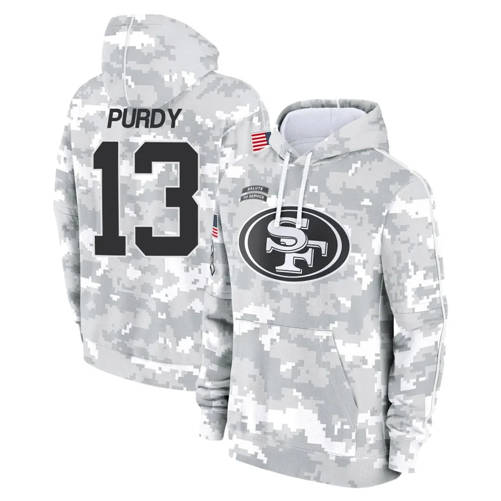 Tlead SF.49ers #13 Brock Purdy Player Arctic Camo Limited Salute to Service Pullover Hoodies Game Stitched Jerseys