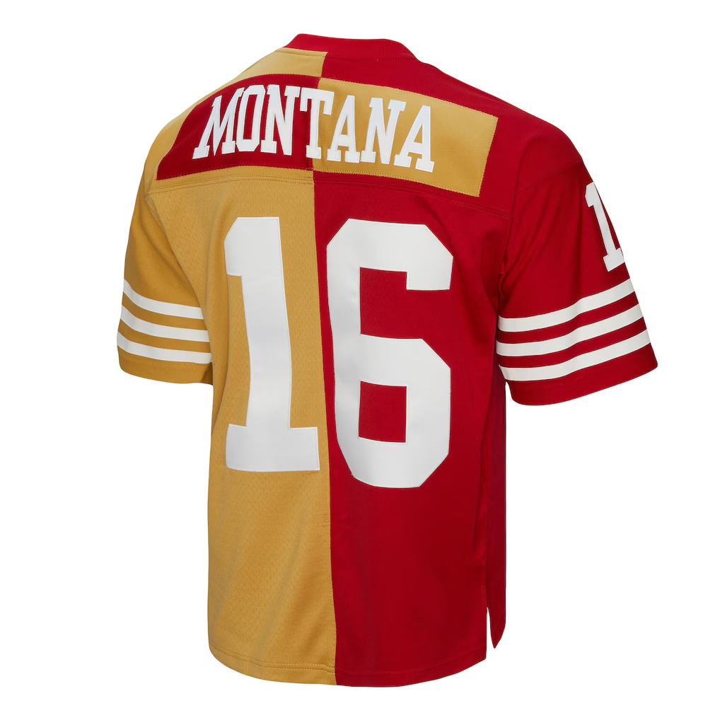 Tlead SF.49ers #16 Joe Montana Mitchell & Ness ScarletGold 1990 Split Legacy Replica Jersey