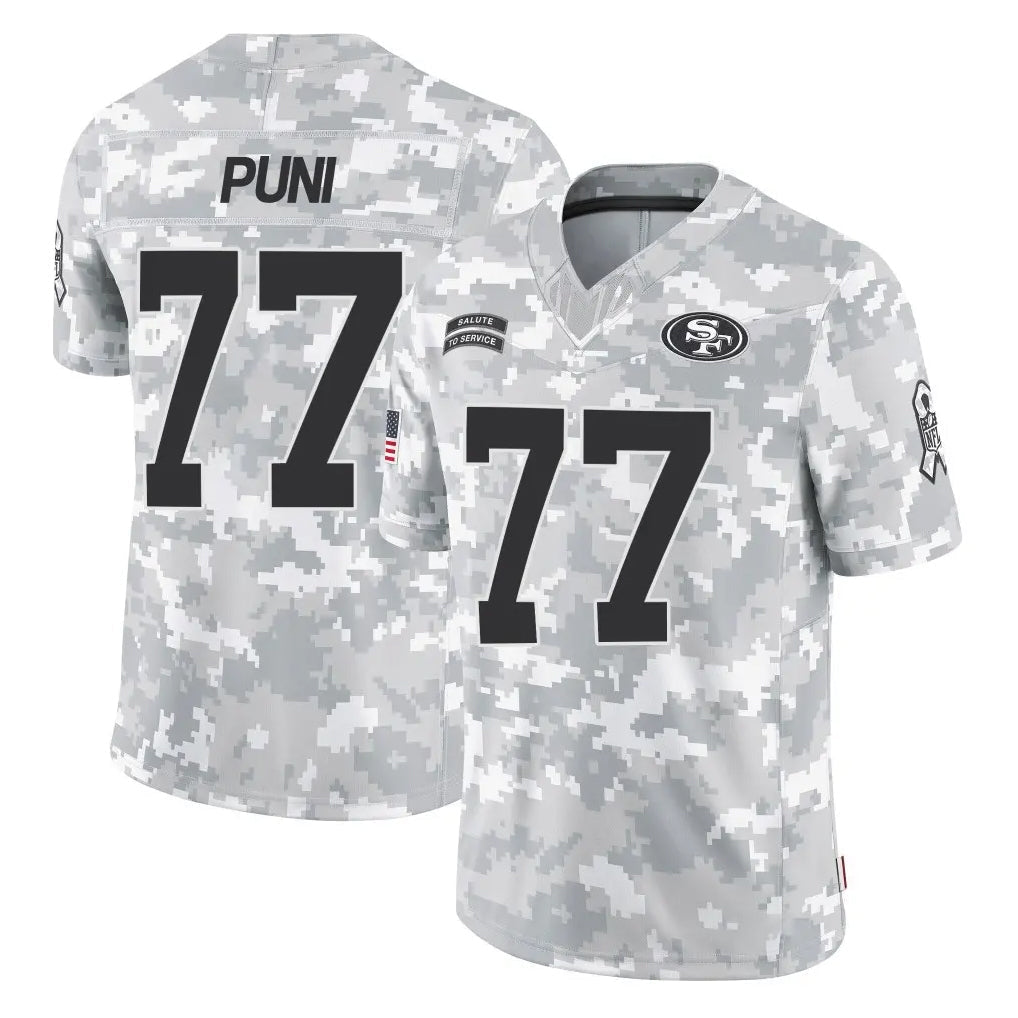 Tlead SF.49ers #77 Dominick Puni Player Arctic Camo Limited Salute To Service Home Game Stitched Jerseys