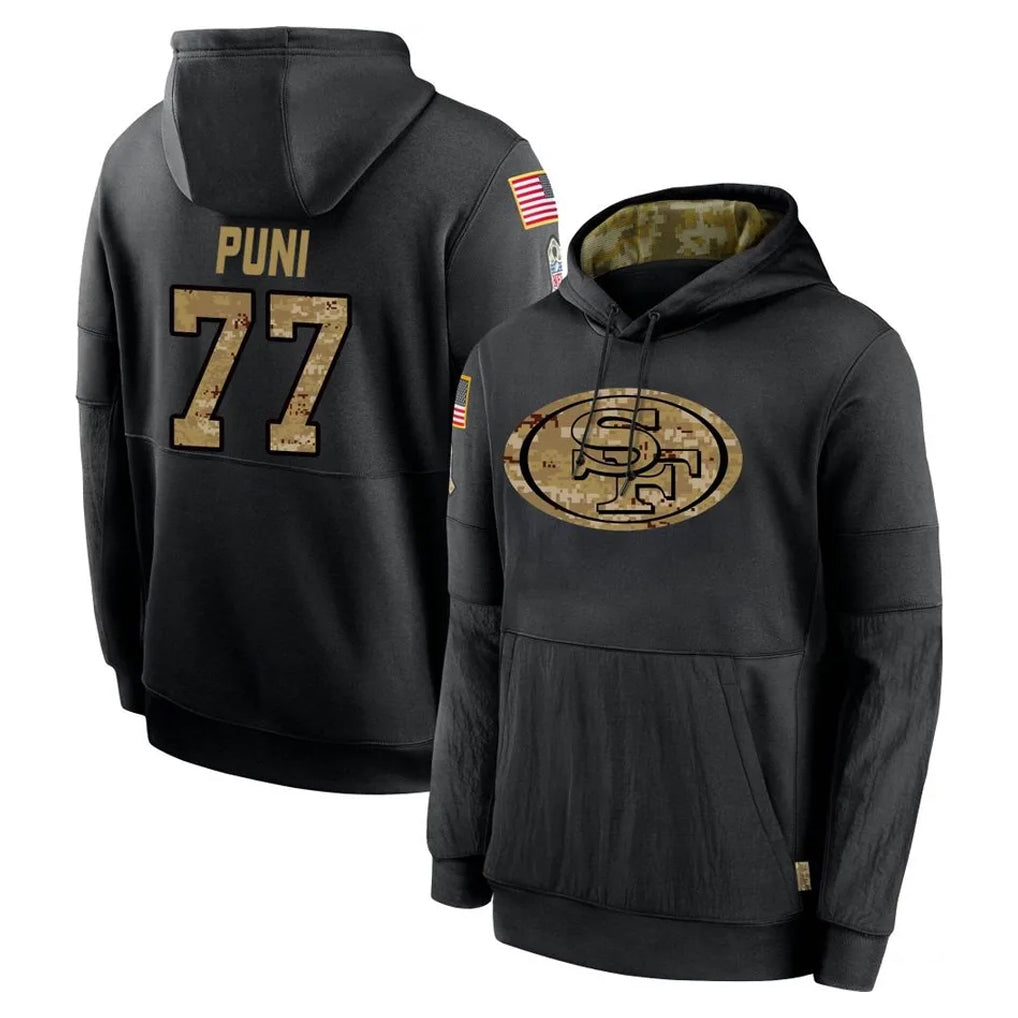 Tlead SF.49ers #77 Dominick Puni Player Black Salute to Service Sideline Performance Pullover Hoodies Home Game Stitched Jerseys