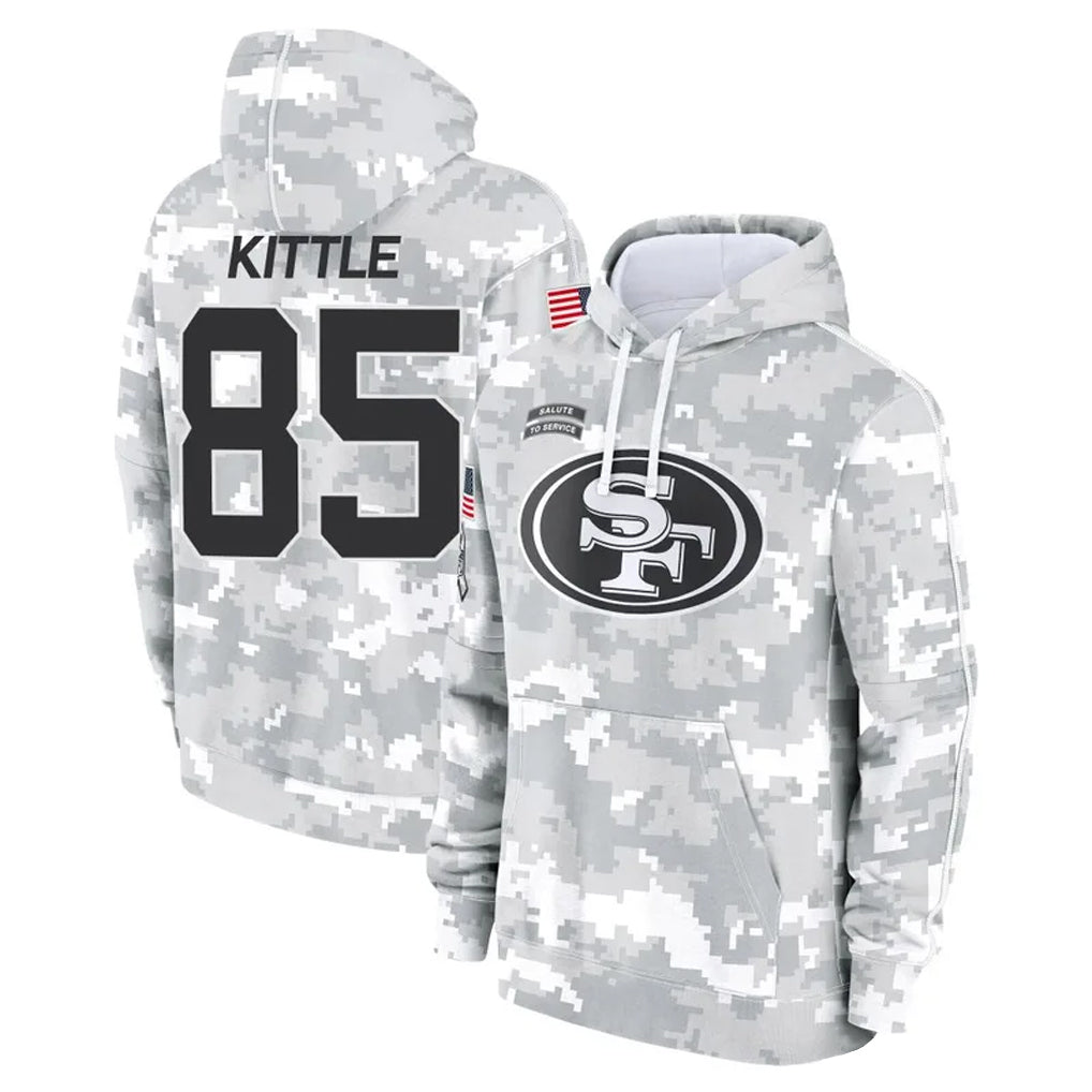 Tlead SF.49ers #85 George Kittle Player Arctic Camo Salute to Service Hoodies Stitched Jerseys