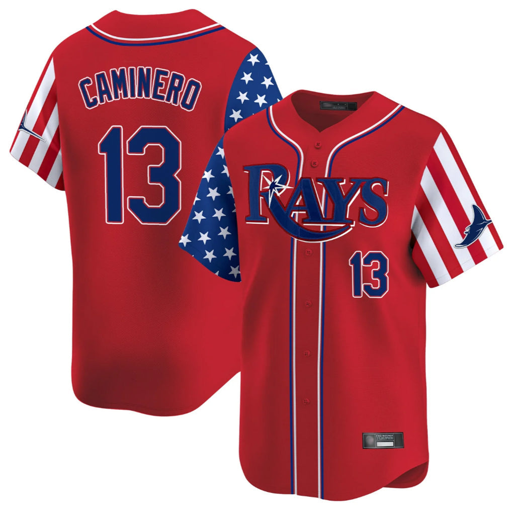 Tlead TB.Rays #13 Junior Caminero Player Red 2025 Independence Day Vapor Premier Limited Stitched Jerseys