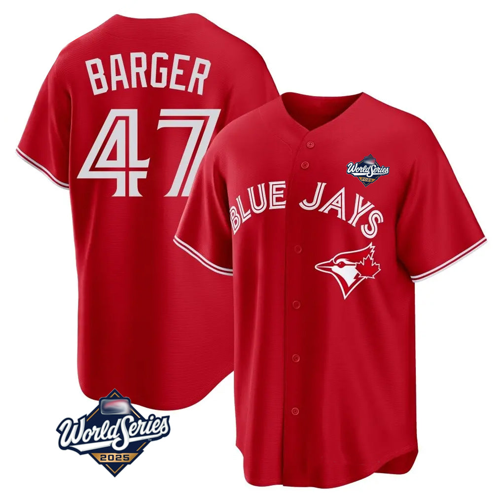 Tlead T.Blue Jays #47 Addison Barger Player Red 2025 World Series Game Stitched Jerseys