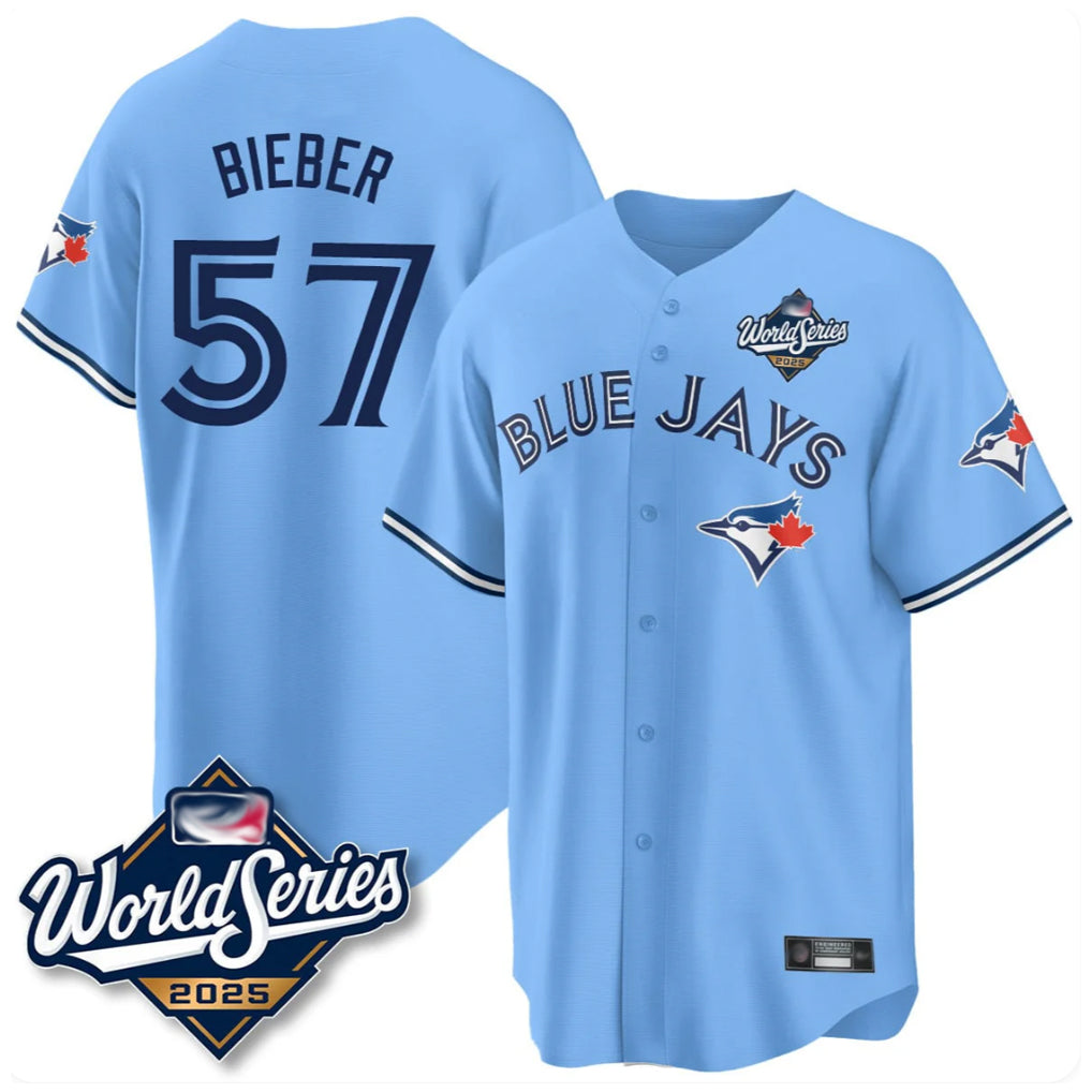 Tlead T.Blue Jays #57 Shane Bieber Player Blue 2025 World Series All Stitched Jerseys