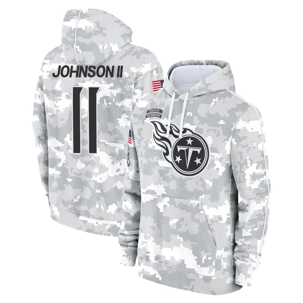 Tlead T.Titans #11 Jermaine Johnson II Player Camo Arctic Salute to Service Pullover Hoodies Home Game Stitched Jerseys