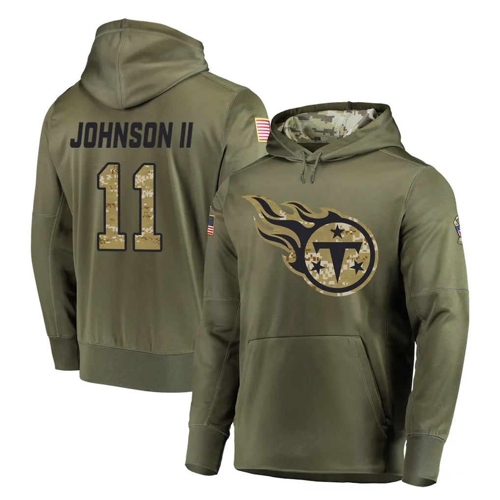 Tlead T.Titans #11 Jermaine Johnson II Player Olive Salute to Service Pullover Hoodies Home Game Stitched Jerseys
