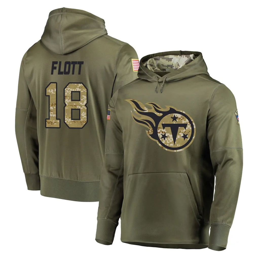 Tlead T.Titans #18 Cor'Dale Flott Player Olive Salute to Service Pullover Hoodies Home Game Stitched Jerseys