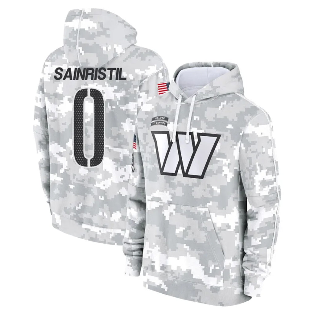 Tlead W.Commanders #0 Mike Sainristil Player Arctic Camo Salute to Service Hoodies Stitched Jerseys
