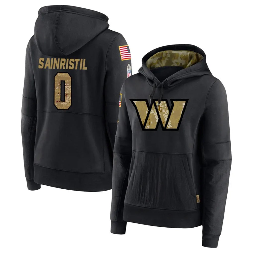 Tlead W.Commanders #0 Mike Sainristil Player Black Salute to Service Hoodies Stitched Jerseys