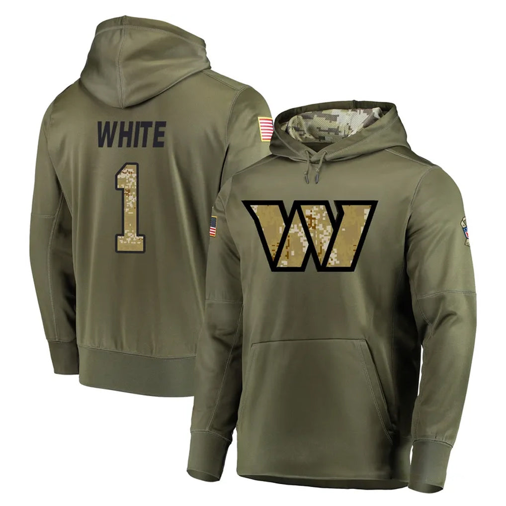 Tlead W.Commanders #1 Rachaad White Player Olive Salute to Service Pullover Hoodie Limited Home Game Stitched Jerseys