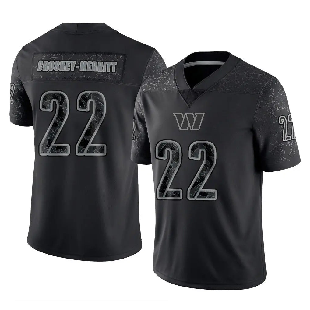 Tlead W.Commanders #22 Jacory Croskey-Merritt Player Black Limited Reflective Home Game Stitched Jerseys
