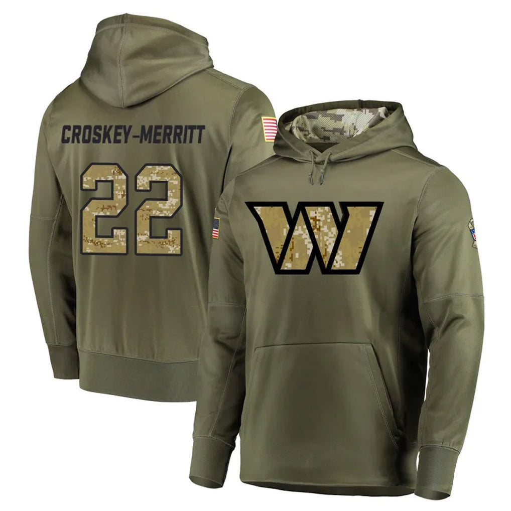 Tlead W.Commanders #22 Jacory Croskey-Merritt Player Olive Salute to Service Limited Hoodies Stitched Jerseys